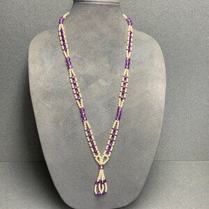 Long Handmade Boho Necklace White Pearl Purple Faceted Beads Tassel Retro Hippie